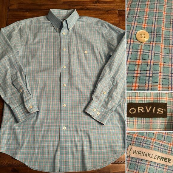 Orvis Men’s Light Blue Orange Wrinkle Free Men’s Medium Button Front Dress Shirt - Picture 1 of 9